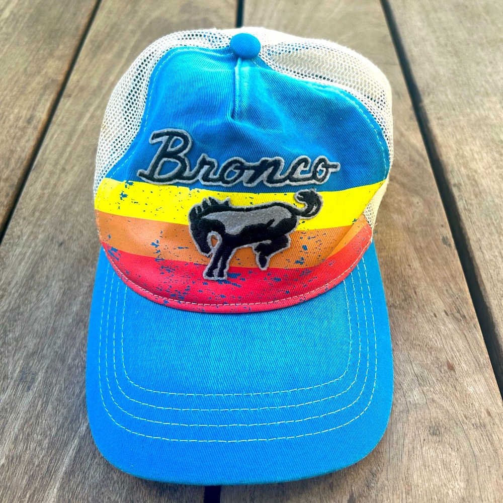 Vintage Style Ford Bronco Embroidered Snap Back Trucker Hat Curved Brim in Blue